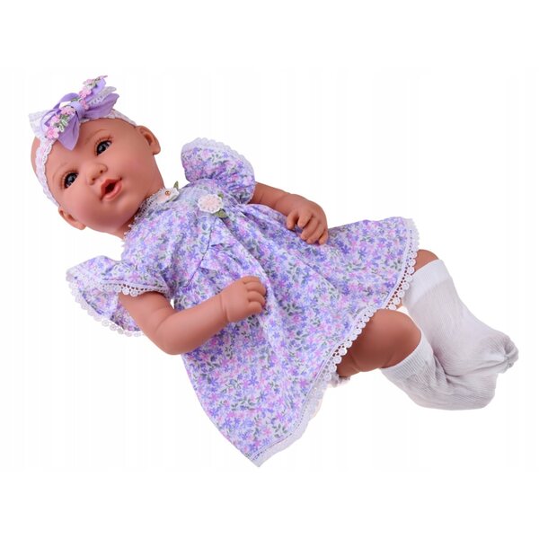 Interaktive Babypuppe 46 cm in fliederfarbenem Kleid mit Zubehör inklusive