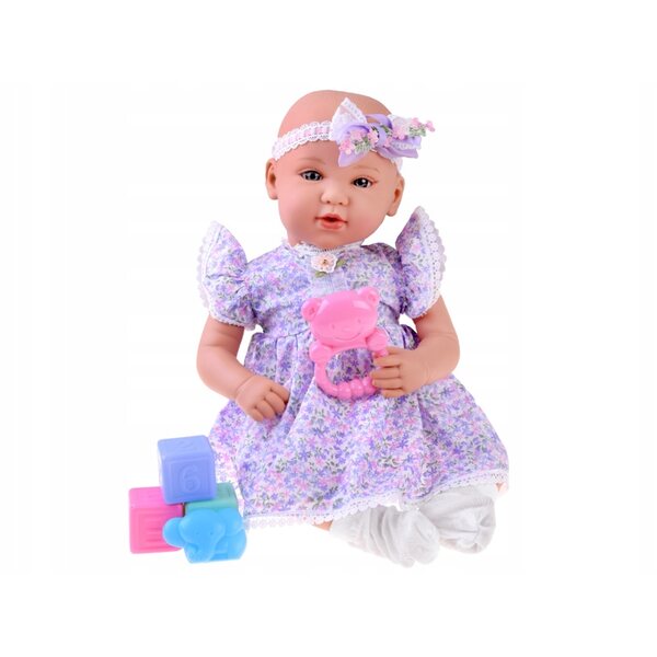 Interaktive Babypuppe 46 cm in fliederfarbenem Kleid mit Zubehör inklusive