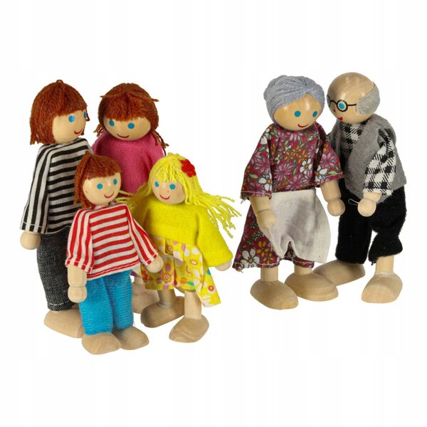Set 6 Lalloce in Legno Famiglia Multicolore con Abiti in Tessuto, Gioco per Bambini