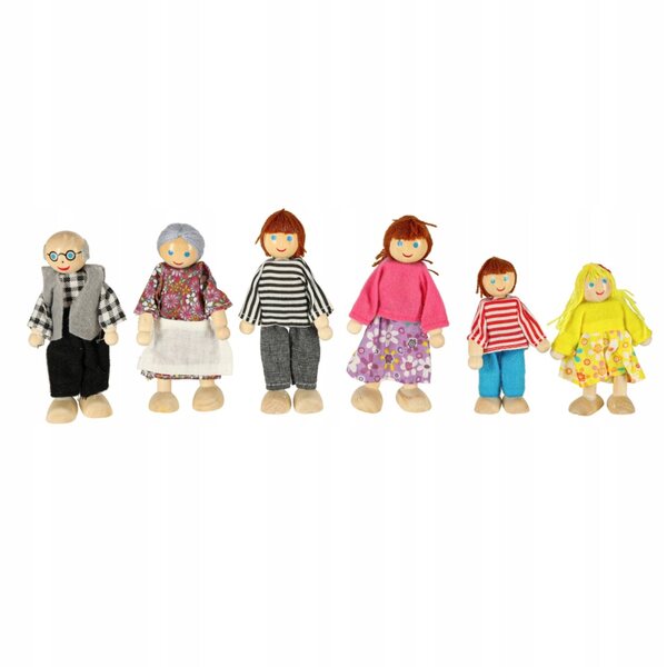 Set 6 Lalloce in Legno Famiglia Multicolore con Abiti in Tessuto, Gioco per Bambini