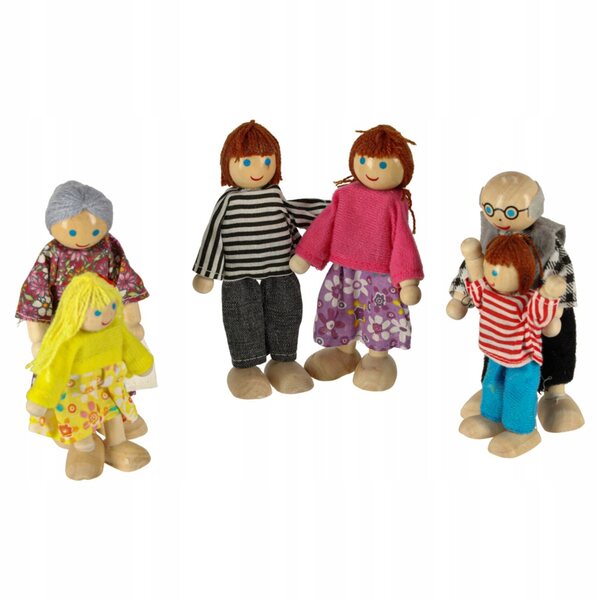 Set 6 Lalloce in Legno Famiglia Multicolore con Abiti in Tessuto, Gioco per Bambini