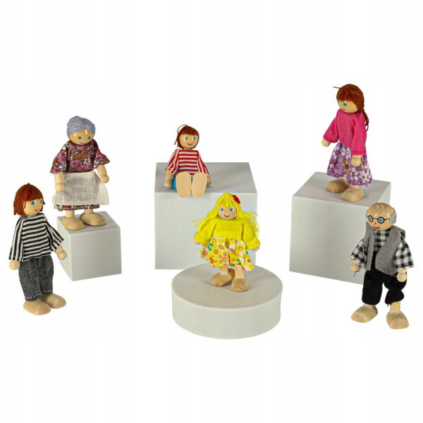 Set 6 Lalloce in Legno Famiglia Multicolore con Abiti in Tessuto, Gioco per Bambini