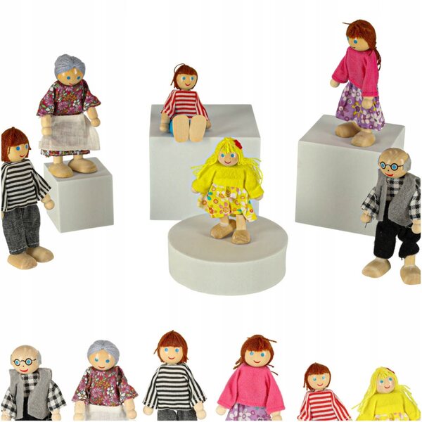 Set 6 Lalloce in Legno Famiglia Multicolore con Abiti in Tessuto, Gioco per Bambini