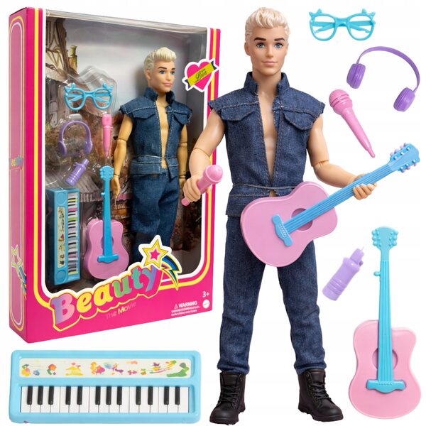 Ken, der blonde Gitarrist, 30 cm große Puppe mit beweglichen Gelenken und Musikzubehör