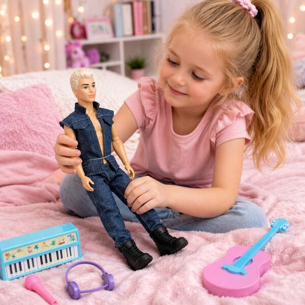 Ken, der blonde Gitarrist, 30 cm große Puppe mit beweglichen Gelenken und Musikzubehör