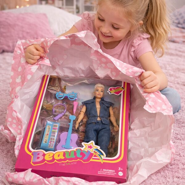Ken, der blonde Gitarrist, 30 cm große Puppe mit beweglichen Gelenken und Musikzubehör