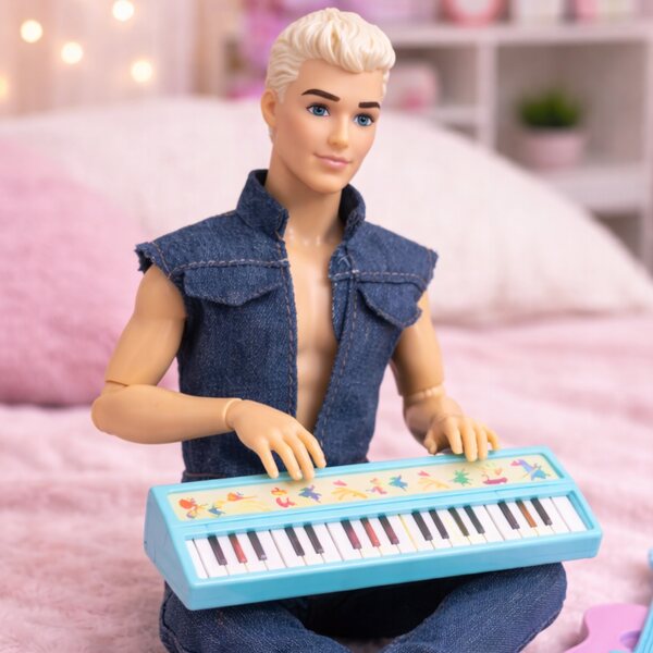 Ken, der blonde Gitarrist, 30 cm große Puppe mit beweglichen Gelenken und Musikzubehör