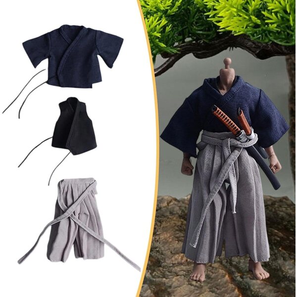 1/12 Samurai-Outfit für 6-Zoll-Actionfiguren – traditionelle Uniform in Dunkelblau und Grau