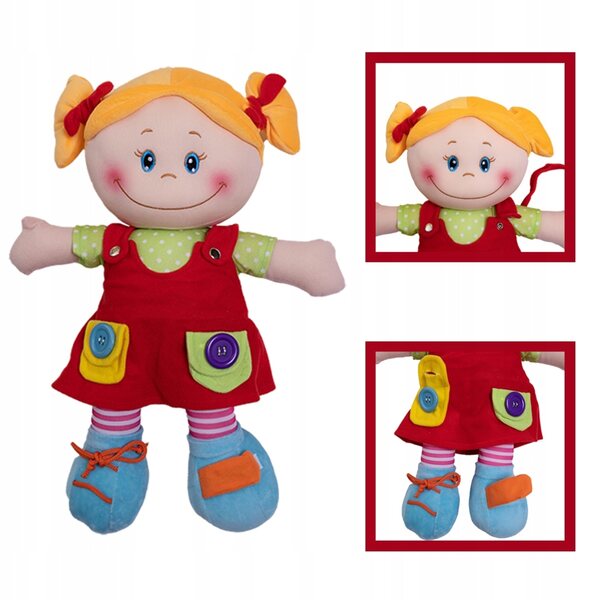Una bambola di pezza sensoriale di 46 cm con un vestito rosso per bambini dai 3 anni in su