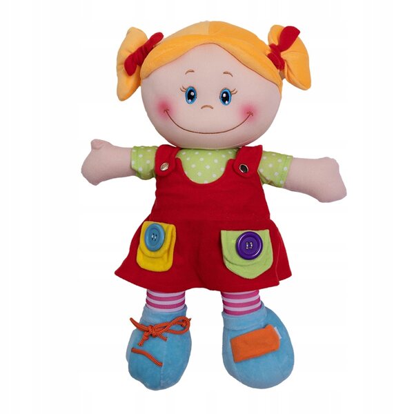 Eine 46 cm große sensorische Stoffpuppe in einem roten Kleid für Kinder ab 3 Jahren