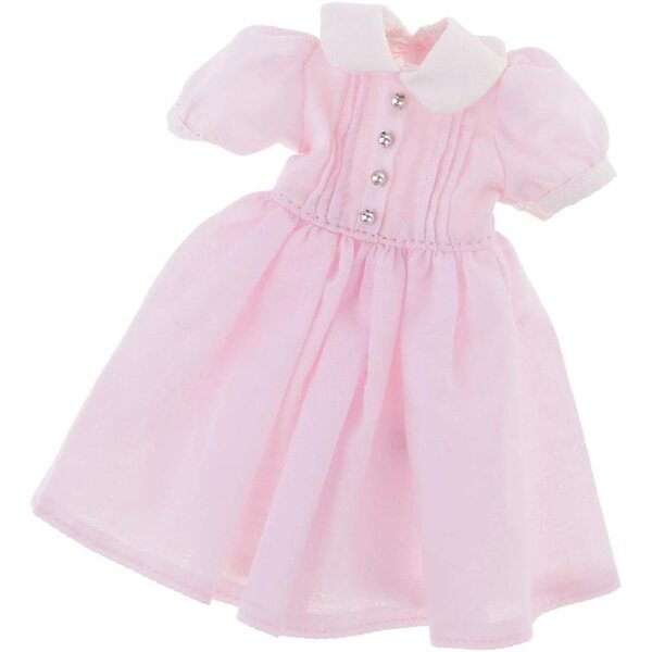 Kleid für 12''-Puppen aus rosa und gelbem Stoff mit personalisierten Accessoires