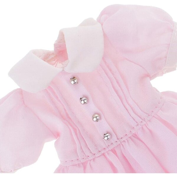 Kleid für 12''-Puppen aus rosa und gelbem Stoff mit personalisierten Accessoires