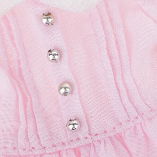Kleid für 12''-Puppen aus rosa und gelbem Stoff mit personalisierten Accessoires