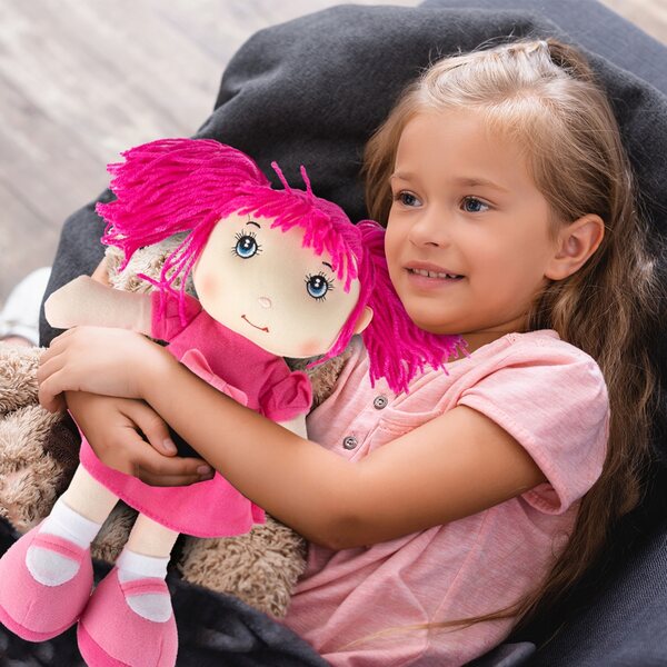 Bambola di stoffa Ilonka 35 cm morbida e colorata per bambini sicura