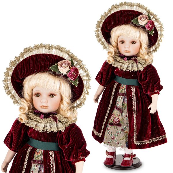 Figurina bambola in porcellana decorativa 52 cm con cappello elegante