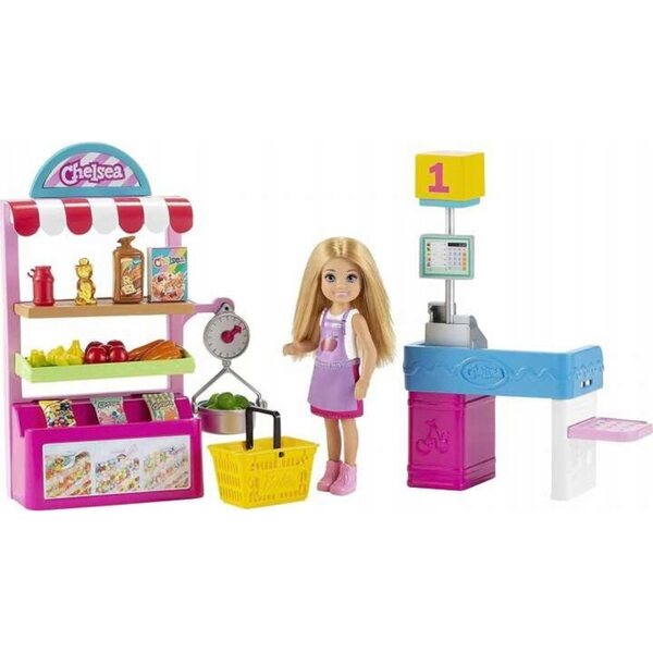 Barbie Chelsea Supermarkt-Set mit Puppen- und Spielzubehör für Kinder ab 3 Jahren