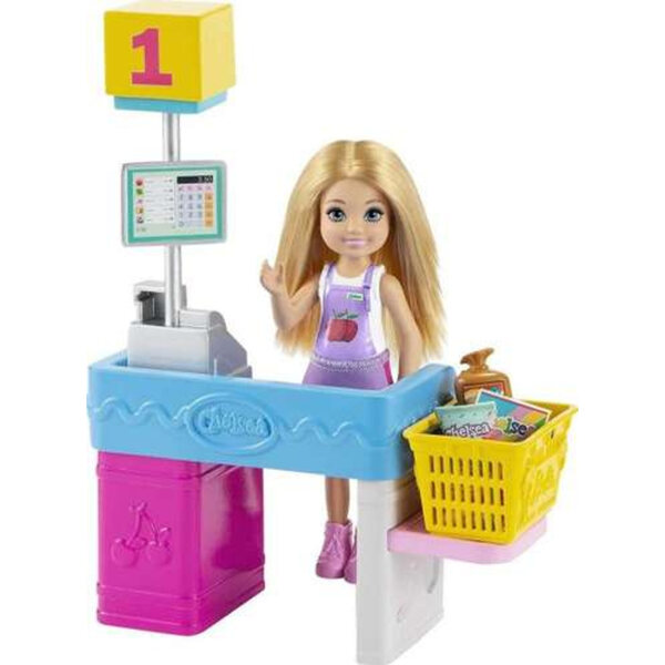 Barbie Chelsea Supermarkt-Set mit Puppen- und Spielzubehör für Kinder ab 3 Jahren