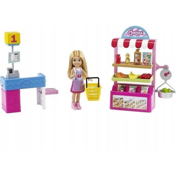 Barbie Chelsea Supermarkt-Set mit Puppen- und Spielzubehör für Kinder ab 3 Jahren