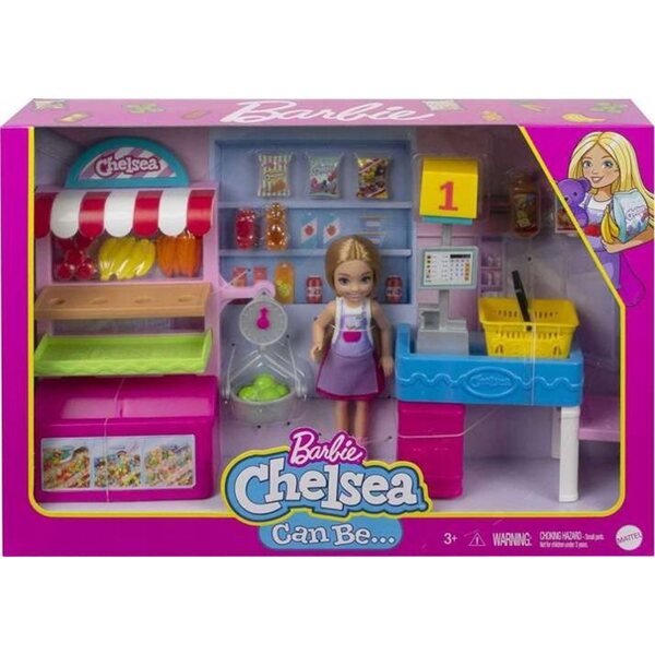 Barbie Chelsea Supermarkt-Set mit Puppen- und Spielzubehör für Kinder ab 3 Jahren