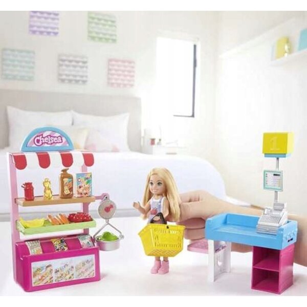 Barbie Chelsea Supermarkt-Set mit Puppen- und Spielzubehör für Kinder ab 3 Jahren