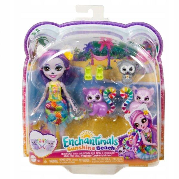 Enchantimals Lemurenfamilie mit Lorinda-Puppe und 3 Lemurentieren für Kinder