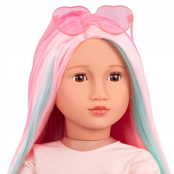 Unsere Generation Rosa Puppe 46 cm mit rosa und grünen Haaren, Kleid und Accessoires