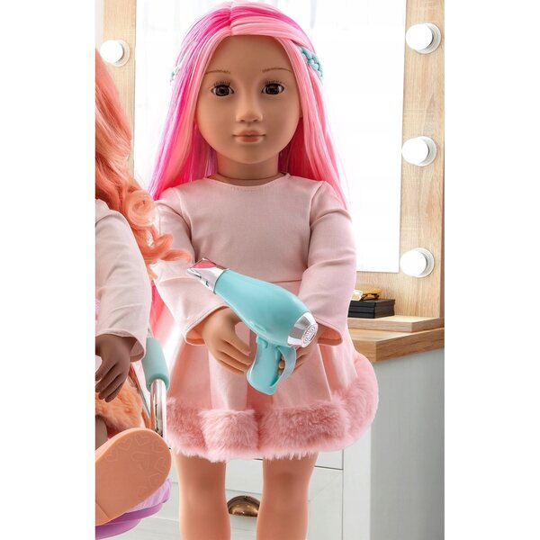 Unsere Generation Rosa Puppe 46 cm mit rosa und grünen Haaren, Kleid und Accessoires