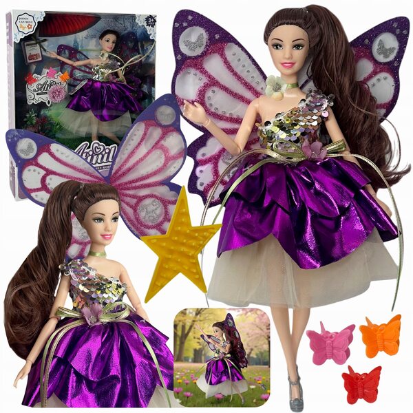 Bambola fata volante con ali staccabili e vestito con paillettes per bambini