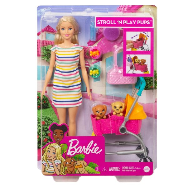 Barbie mit Kinderwagen und Mattel-Hunden 33,5 cm Komplettset für Mädchen ab 3 Jahren