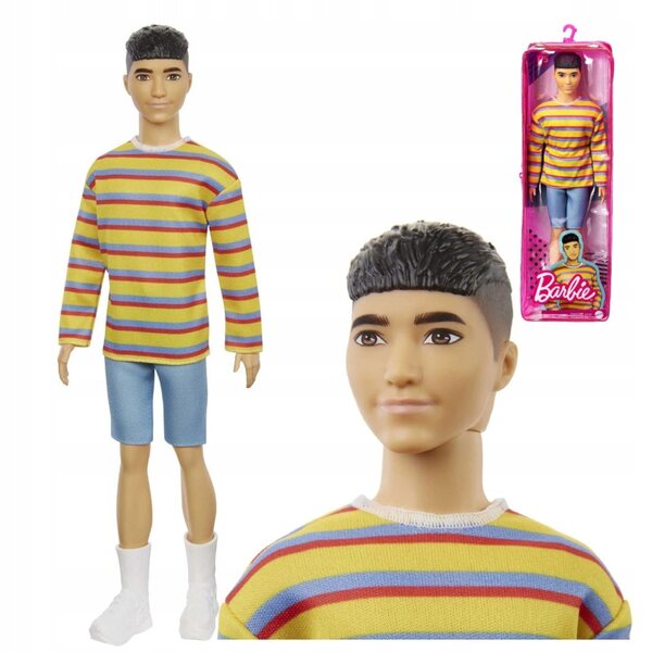 Barbie Fashionistas Ken 175 mit gestreiftem Sweatshirt und Jeansshorts – 30 cm große Puppe