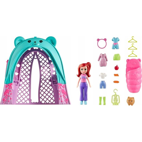 Polly Pocket Tenda Orsetto Glamping con Bambola e Accessori per Bambini 4+