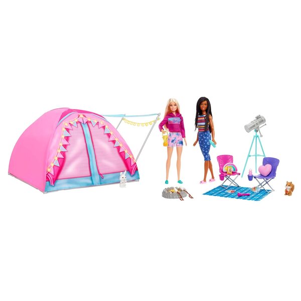 Barbie Camping-Set mit Zelt, 2 Puppen und Zubehör für Outdoor-Abenteuer