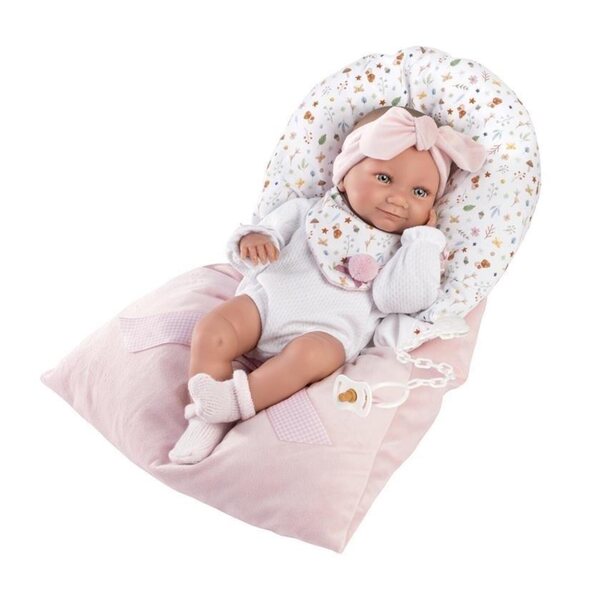 Bambola Tina Llorens 40 cm in vinile con abbigliamento e sacco nanna rosa