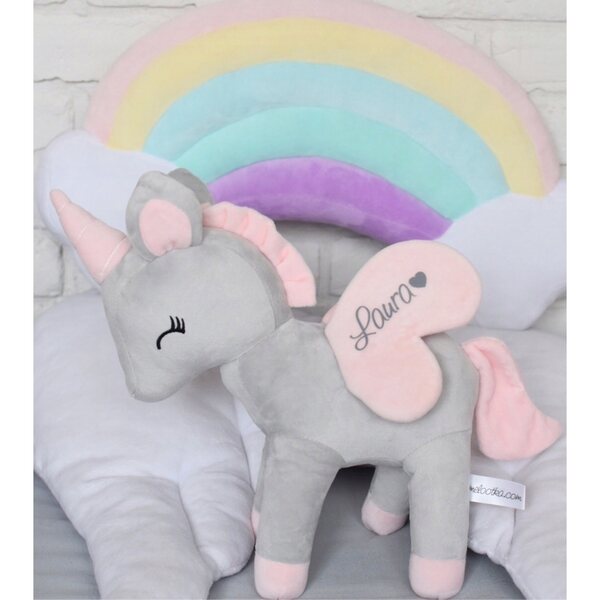 Einhorn-Plüschtier M Grau und Rosa. Weich und anpassbar für Kinder