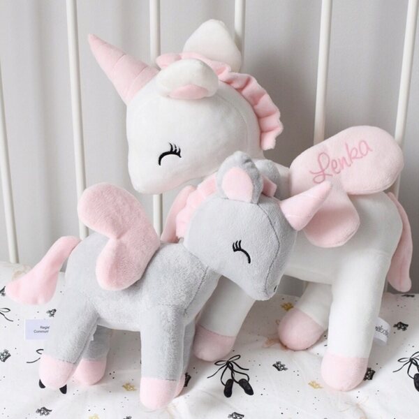 Einhorn-Plüschtier M Grau und Rosa. Weich und anpassbar für Kinder