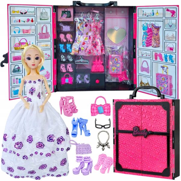 Puppe mit Kleiderschrank und Kleidung – Puppengarderobe mit Accessoires für Mädchen