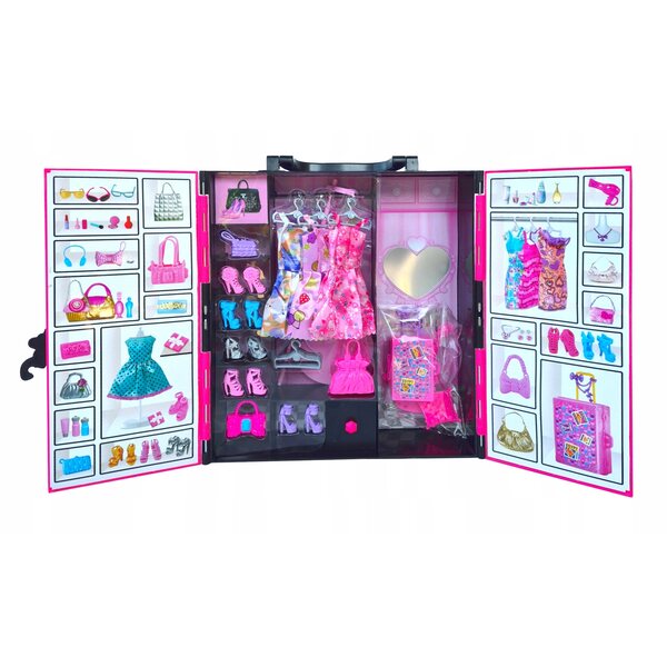 Puppe mit Kleiderschrank und Kleidung – Puppengarderobe mit Accessoires für Mädchen