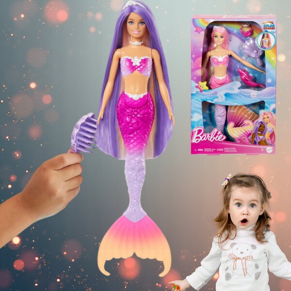 Barbie Syrenka Malibu mit langen Haaren und Farbwechselcode für Kinder ab 3 Jahren