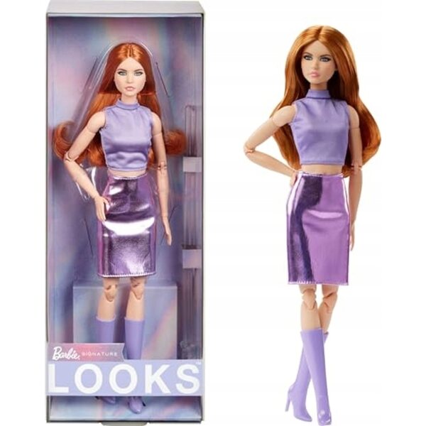 Barbie Signature Looks Rote Puppe 29 cm mit blauem Rock und lavendelfarbenem Oberteil