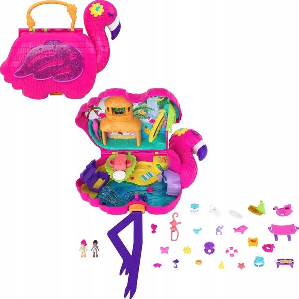 Polly Pocket Flamingo Mallette avec piscine et 26 surprises, 2 poupées