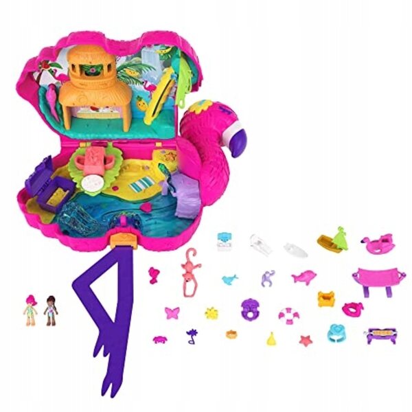 Polly Pocket Valigetta Flamingo con Piscina e 26 Sorprese, 2 Bambole