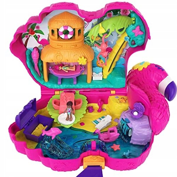 Polly Pocket Valigetta Flamingo con Piscina e 26 Sorprese, 2 Bambole