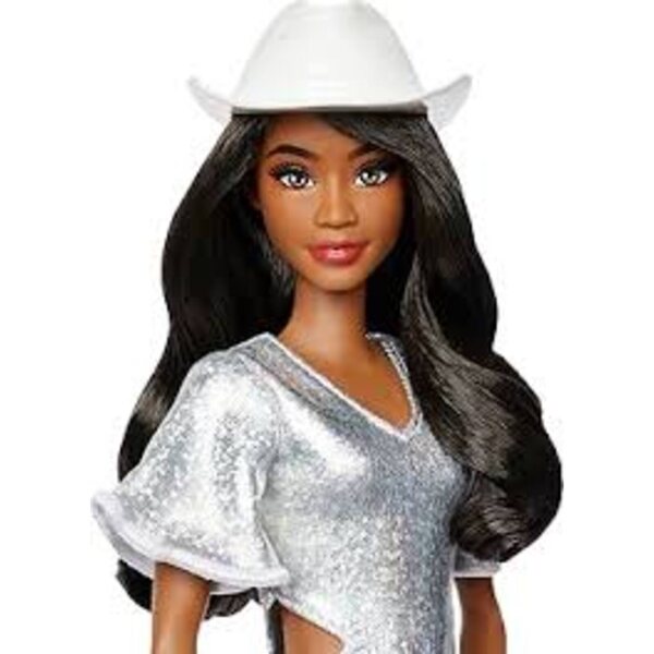 Barbie Fashionistas mit schwarzen Haaren und glänzenden silbernen Fransen – Modespielzeug