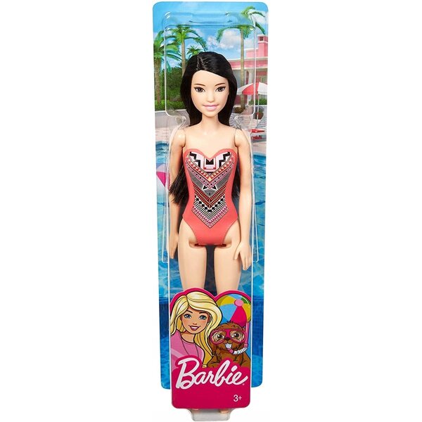 Barbie Beach Doll Bruna con Costume da Bagno Trendy per Bambini 3+