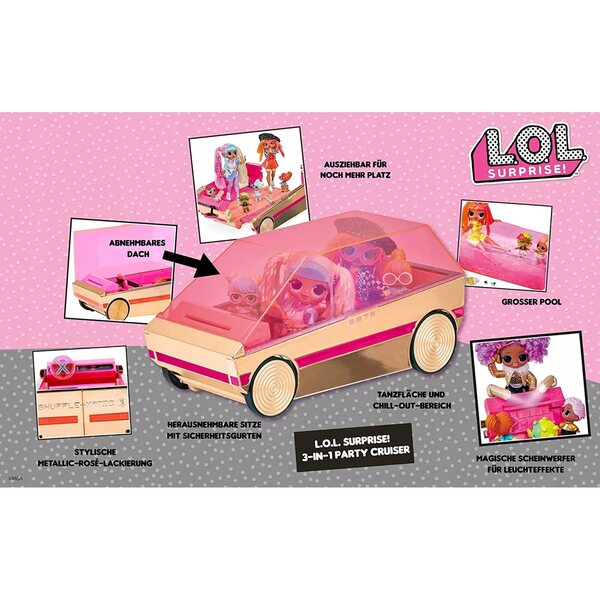 L.O.L. Überraschungs-Auto-Kabriolet-3-in-1-Partykreuzfahrt mit Parkiet und Basen