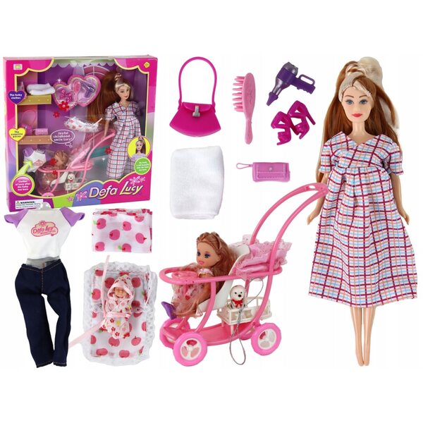 Bambola Lucy incinta con passeggino e bambino, lunghi capelli castani