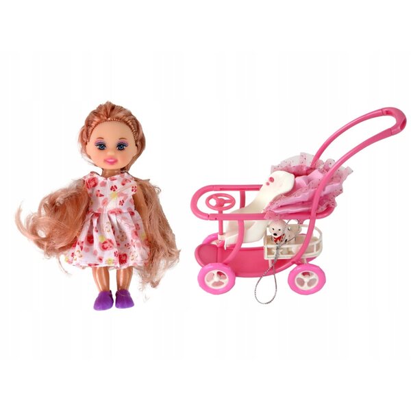Bambola Lucy incinta con passeggino e bambino, lunghi capelli castani