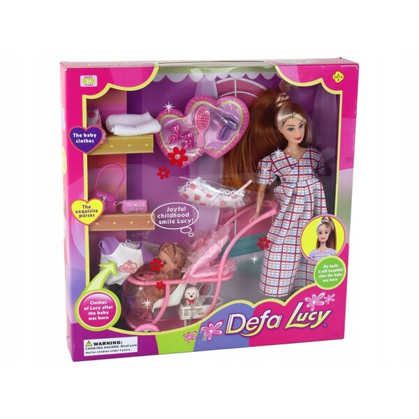 Bambola Lucy incinta con passeggino e bambino, lunghi capelli castani