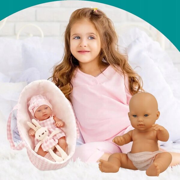 Laletta Bobas con Vestitino e Portabebè + Coniglietto Peluche per Bambini 3+