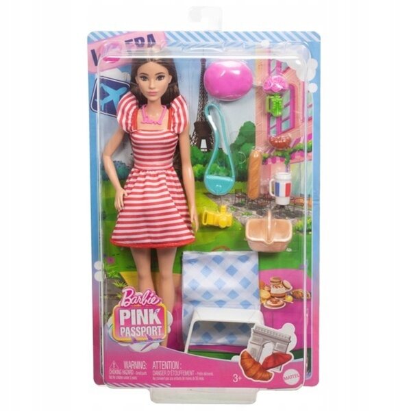 Barbie Pink Passport Paris mit Picknick-Zubehör und elegantem gestreiften Kleid